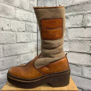 Vintage 70s Aifos Italia Suede Leather Wedge Platform Boots Brown Sherpa Lined